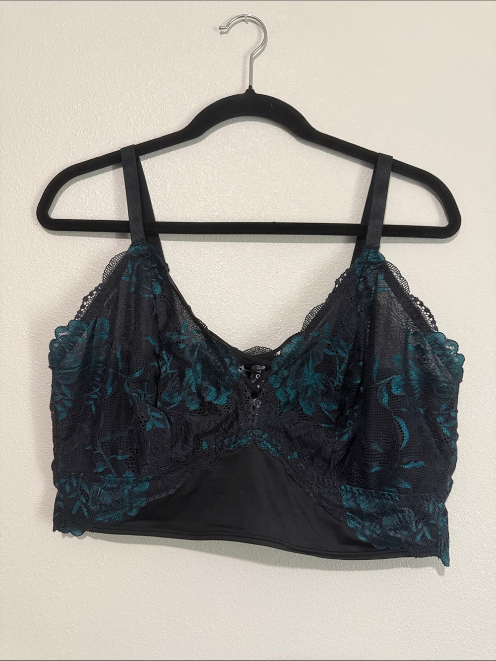 Lace Overlay Longline Bralette in Black and Teal